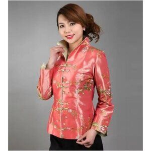 WIEGHT DIM MINIYE Pink Satin Chinese Embroidered Jacket Floral Mandarin Collar C